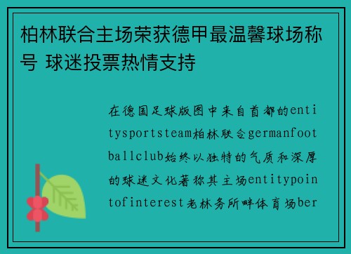 柏林联合主场荣获德甲最温馨球场称号 球迷投票热情支持
