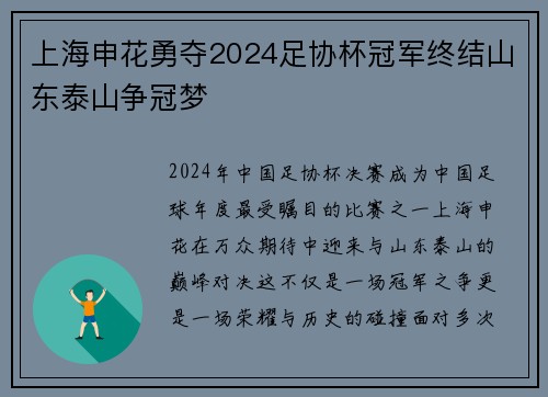 上海申花勇夺2024足协杯冠军终结山东泰山争冠梦 上海申花勇夺2024足协杯冠军终结山东泰山争冠梦