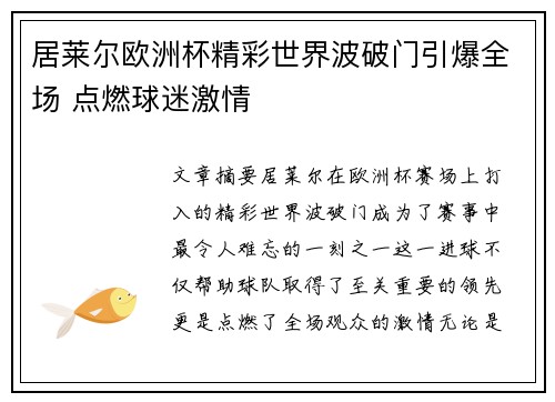 居莱尔欧洲杯精彩世界波破门引爆全场 点燃球迷激情